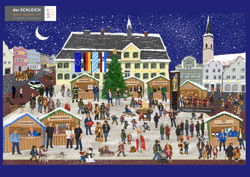 Illustration eines verschneiten Weihnachtsmarktes in Frontenhausen bei Nacht mit beleuchtetem Rathaus, Kirche, Weihnachtsbaum, zahlreichen Marktständen, Besuchern und festlicher Weihnachtsdekoration