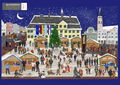 Illustration eines verschneiten Weihnachtsmarktes in Frontenhausen bei Nacht mit beleuchtetem Rathaus, Kirche, Weihnachtsbaum, zahlreichen Marktständen, Besuchern und festlicher Weihnachtsdekoration