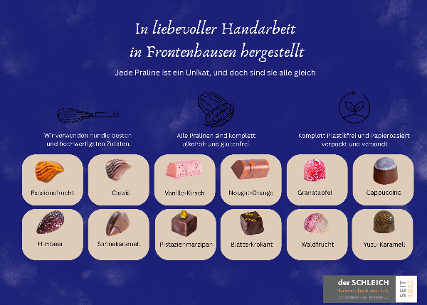 Das Bild zeigt zwölf Pralinensorten auf einem blauen Hintergrund. Die bezeichnungen sind Passionsfrucht, Cassis, Vanille-Kirsch, Nougat-Orange, Granatapfel, Cappuccino, Himbeer, Sahnekaramell, Pistazienmarzipan, Blätterkrokant, Waldfrucht und Yuzu-Karamell. Zusätzlich wird darauf hingewiesen, dass die Pralinen alkoholfrei- und glutenfrei sowie plastikfrei und papierbasiert verpackt sind.