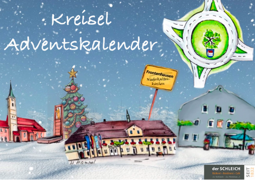 Adventskalender mit dem Weihnachtlichen Motiv eines Kreisverkehrs, der Kirche, des Rathauses und der Bäckerei Schleich in Frontenhausen