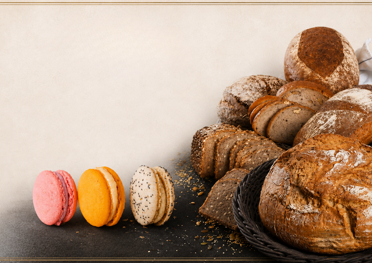 Verschiedene bunte Macarons und verschieden Brote 
